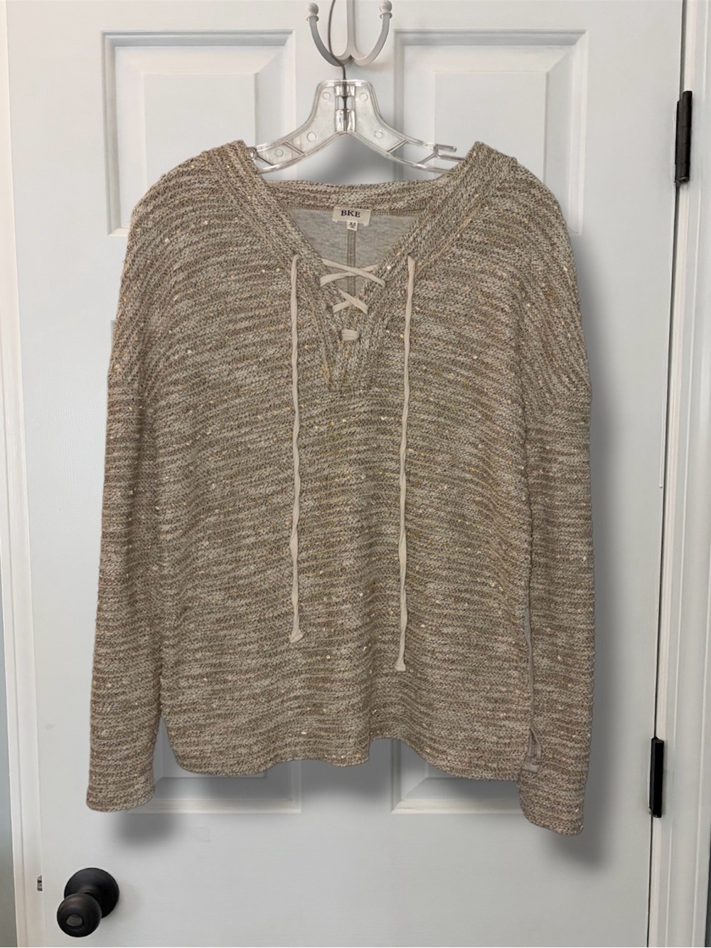 BKE Brown Tweed Knit & Jersey Lace Up V-Neck Sweater Top